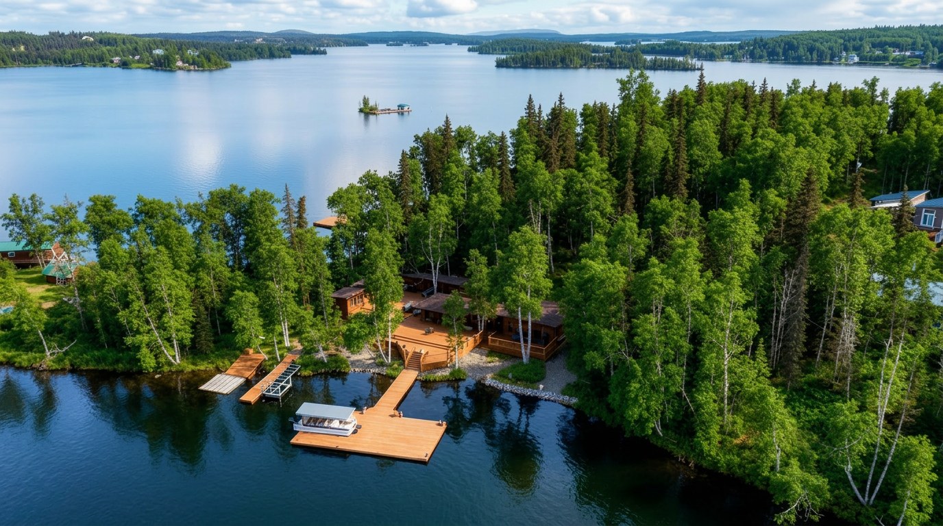 Aerial view of the island property